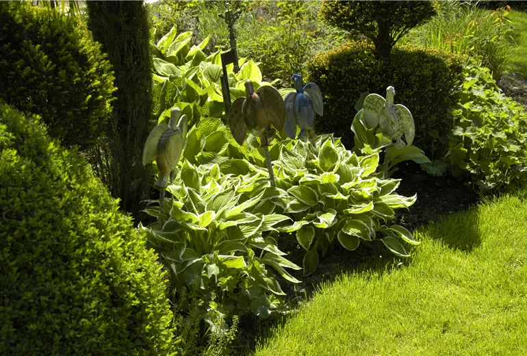 Keramiktiere im Funkienbeet